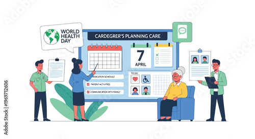 Medical staff planning elderly patient care on World Health Day