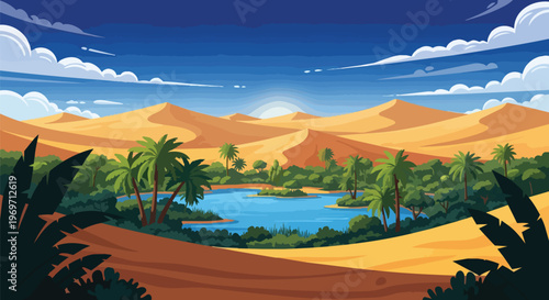 Beautiful Desert Oasis with Palm Trees and Sand Dunes Landscape
