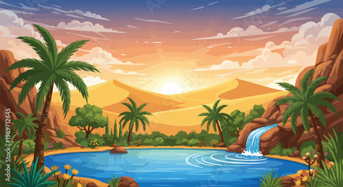Beautiful Desert Oasis with Waterfall and Palm Trees at Sunset