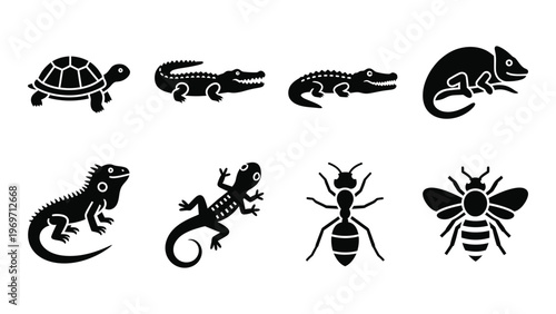 A collection of reptile amphibian and insect silhouettes showcases diverse animal forms in a minimalist style silhouette high quality professional detailed