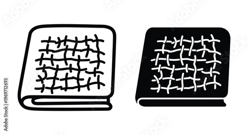 Set of two icons of a folded blanket or quilt with a grid pattern