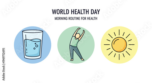 Morning routine icons for water exercise and sunlight exposure