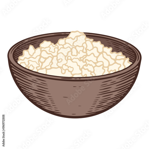 Wooden bowl full of cottage cheese, colourful, hand-drawn illustration, line art contour, isolated