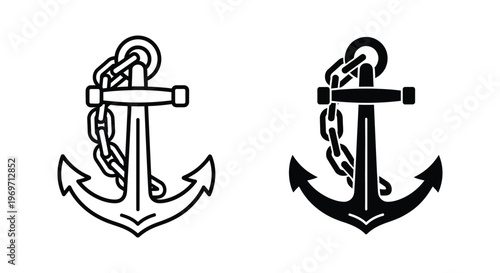 Anchor with chain icon set nautical symbol, marine equipment, sea travel sign, ship anchor silhouette