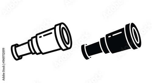 Set of two icons of a spyglass or telescope, nautical navigation tool, vintage maritime equipment