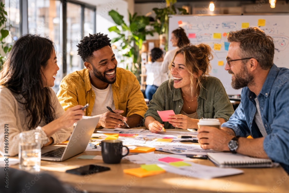 Obraz premium Diverse creative team collaborating around table with sticky notes laptops and ideas in modern office promoting teamwork innovation productivity communication