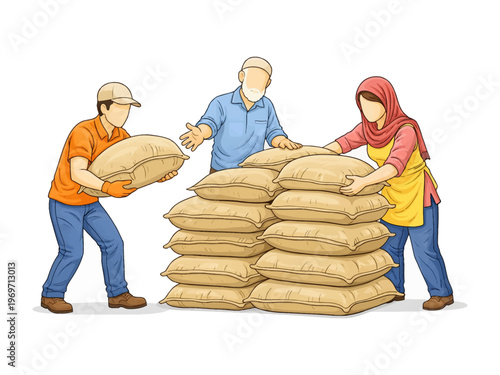 Community Cooperation: A depiction of a community working together to lift and stack sacks. Focused on unity, support and collaboration.