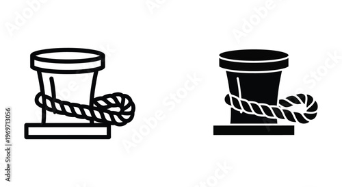 Bollard with rope icon set, mooring post for ships and boats, nautical equipment symbol, vector illustration