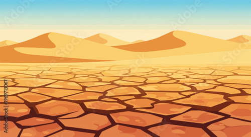 Arid Desert Landscape with Cracked Earth and Sand Dunes Background