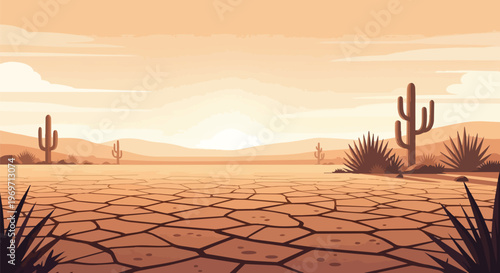 Desert landscape with cracked dry earth and cacti at sunset