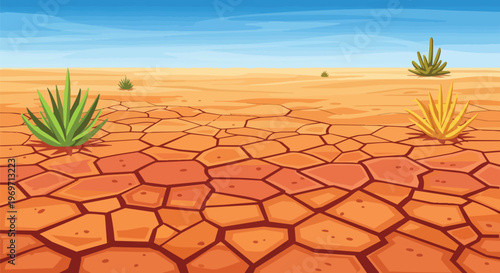 Cartoon Desert Landscape with Cracked Dry Earth and Succulent Plants