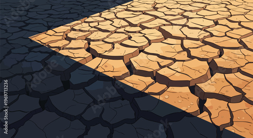 Conceptual Split View of Dry Cracked Earth Transitioning from Dark Soil to Arid Desert Ground
