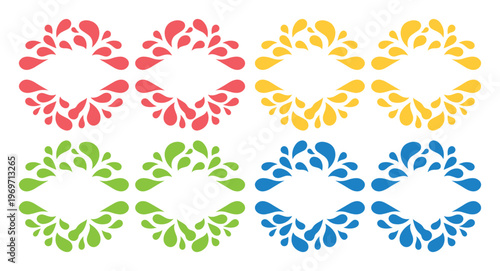 Colorful water splash frames set, circular liquid droplet borders in red yellow green and blue, 8 decorative splash vector elements for logo design