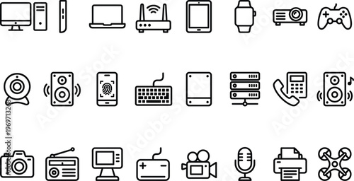 Electronic Devices and Technology Line Icon Set Featuring Computers, Smartphones, Audio Equipment, Gaming, Cameras, Smart Gadgets, and Digital Communication Devices