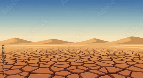 Arid Desert Landscape with Cracked Dry Earth and Sand Dunes