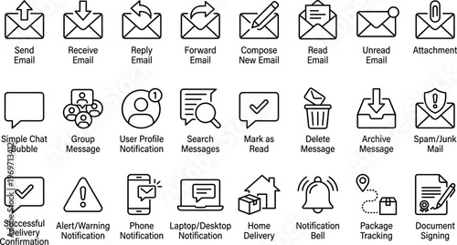 Email and Messaging Line Icon Set Featuring Send, Receive, Reply, Notifications, Chat, Spam Filter, Delivery, User Profile, and Communication Interface Symbols