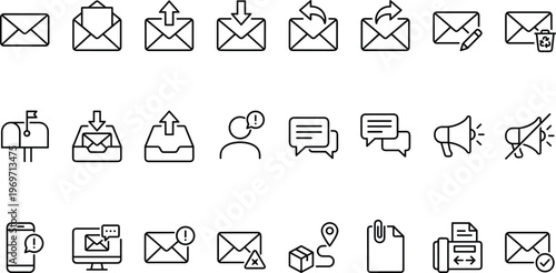 Email and Notification Line Icon Set Featuring Send, Receive, Reply, Alerts, Messaging, Delivery, Announcement, File Sharing, and Communication Interface Symbols