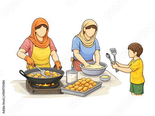 Family Cooking Together: An illustration capturing a warm family moment in the kitchen, a mother lovingly preparing a delicious meal and with a child happily assists.