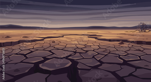 Pixel Art Illustration of a Cracked Dry Desert Landscape Under a Gloomy Sky