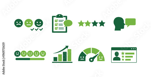 Green customer feedback and satisfaction icons set featuring rating stars, survey checklist, analytics chart, sentiment gauge, and review profile interface