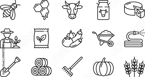 Farm and Agriculture Icons Set Featuring Honey, Dairy, Crops, Gardening, Tools, and Harvesting for Agricultural, Rural, and Eco-Friendly Designs