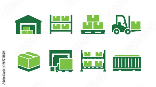 Green warehouse and logistics icon set featuring storage building, shelving racks, pallets, forklift, shipping container, package box, and delivery truck