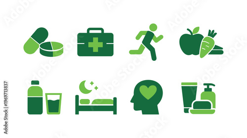 Set of green health and wellness icons including medicine, first aid, running, healthy food, hydration, sleep, mental wellbeing, and hygiene items