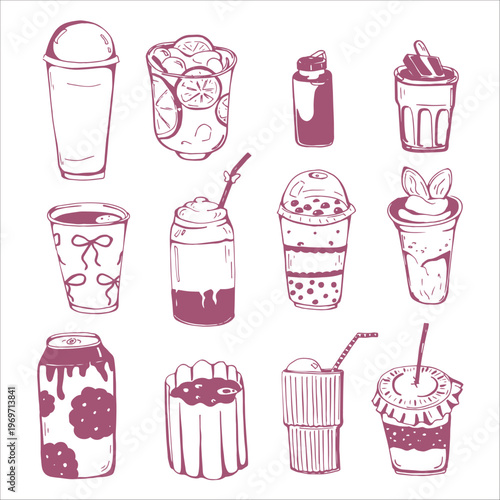 Whimsy hand drawn Cute Different Drinks set 