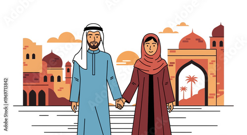 Arab Couple Holding Hands in Traditional Clothing with Cityscape Background