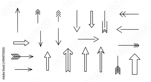 Arrows hand drawn set with black curved lines and various styles featuring direction, up, down with left and right elements for thin, thick projects,