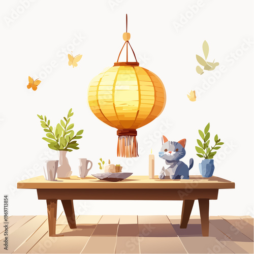 A charming photograph of a handmade cat-shaped paper lantern hanging above and Plant vase beside, a cozy wooden dinmer, SVG editable 2 