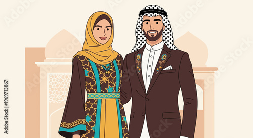 Arab Couple in Traditional Attire Standing in Front of Islamic Architecture
