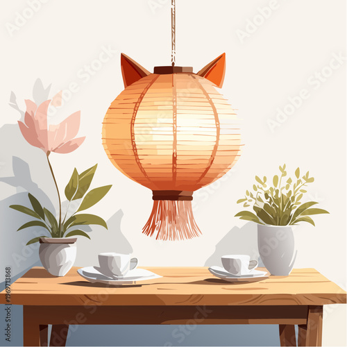 A charming photograph of a handmade cat-shaped paper lantern hanging above and plant pot around, a cozy wooden dinmer, SVG editable