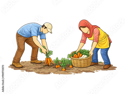 Harvesting Bounty: A farmer couple diligently working, carefully collecting a basket of freshly harvested carrots, and showcasing the beauty of a healthy, productive garden.
