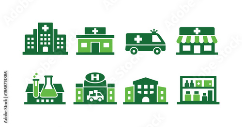 Set of green healthcare and medical facility icons showing hospital buildings, clinic, ambulance, pharmacy storefront, laboratory, emergency center, and wards