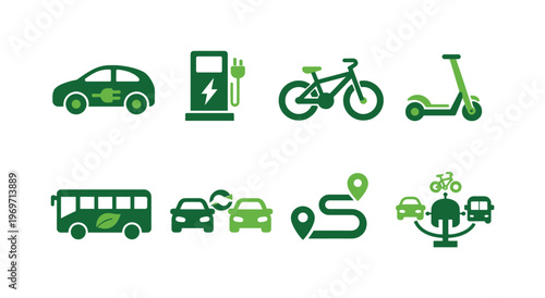 Green sustainable transportation icons showing electric car charging, bicycle, scooter, eco bus, carshare, navigation route and urban mobility