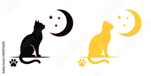 Mystical cat silhouette with crescent moon and stars, black and gold feline logo set, elegant pet animal vector illustration for branding