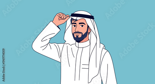 Arab man in traditional clothing adjusting his ghutra, smiling