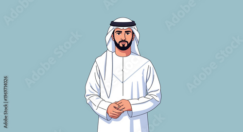 Arab Man in Traditional Clothing Standing Against a Blue Background