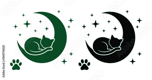 Celestial sleeping cat on crescent moon vector, mystical feline silhouette with stars and paw print, dark green and black kitten icons