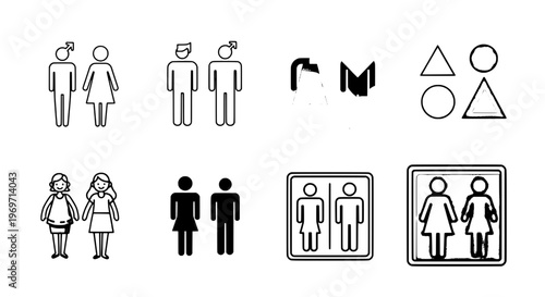 People icons representing male and female figures in various styles for restrooms and gender symbols.