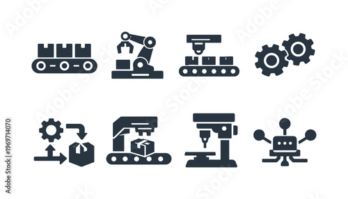 Set of industrial automation icons showing conveyor belts, robotic arms, milling and drilling machines, gears, packaging workflow, and factory robots