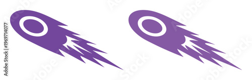 Purple comet vector icons with flame trails, stylized falling meteor symbols, celestial asteroid graphics for space science and gaming