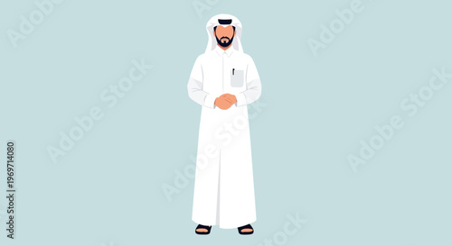 Arab man in traditional white thobe and ghutra, standing confidently