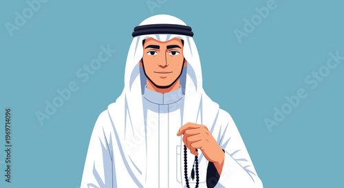 Arab man in traditional clothing holding prayer beads