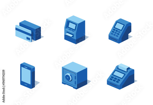 Isometric blue payment and banking device icons set including card reader, ATM terminal, POS machine, smartphone, safe box, and receipt printer