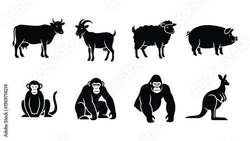 A collection of farm and wild animal silhouettes including a cow goat pig monkey and kangaroo silhouette high quality professional detailed