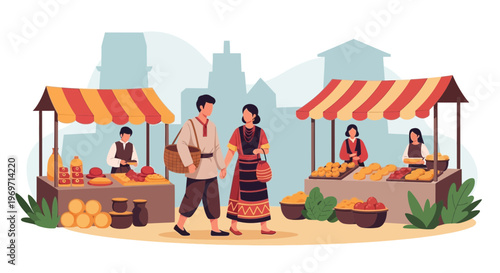 Couple in traditional clothing at a vibrant outdoor market with fresh produce