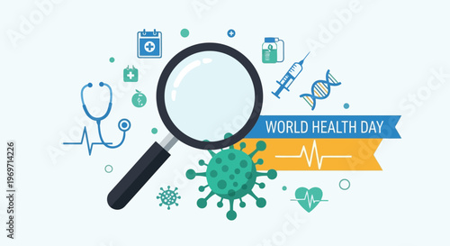Magnifying glass examining virus cell with medical icons for research