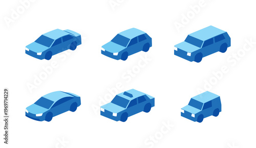 Set of six blue isometric cars in different body styles, including sedan, hatchback, wagon and van, shown as simple vector transport icons